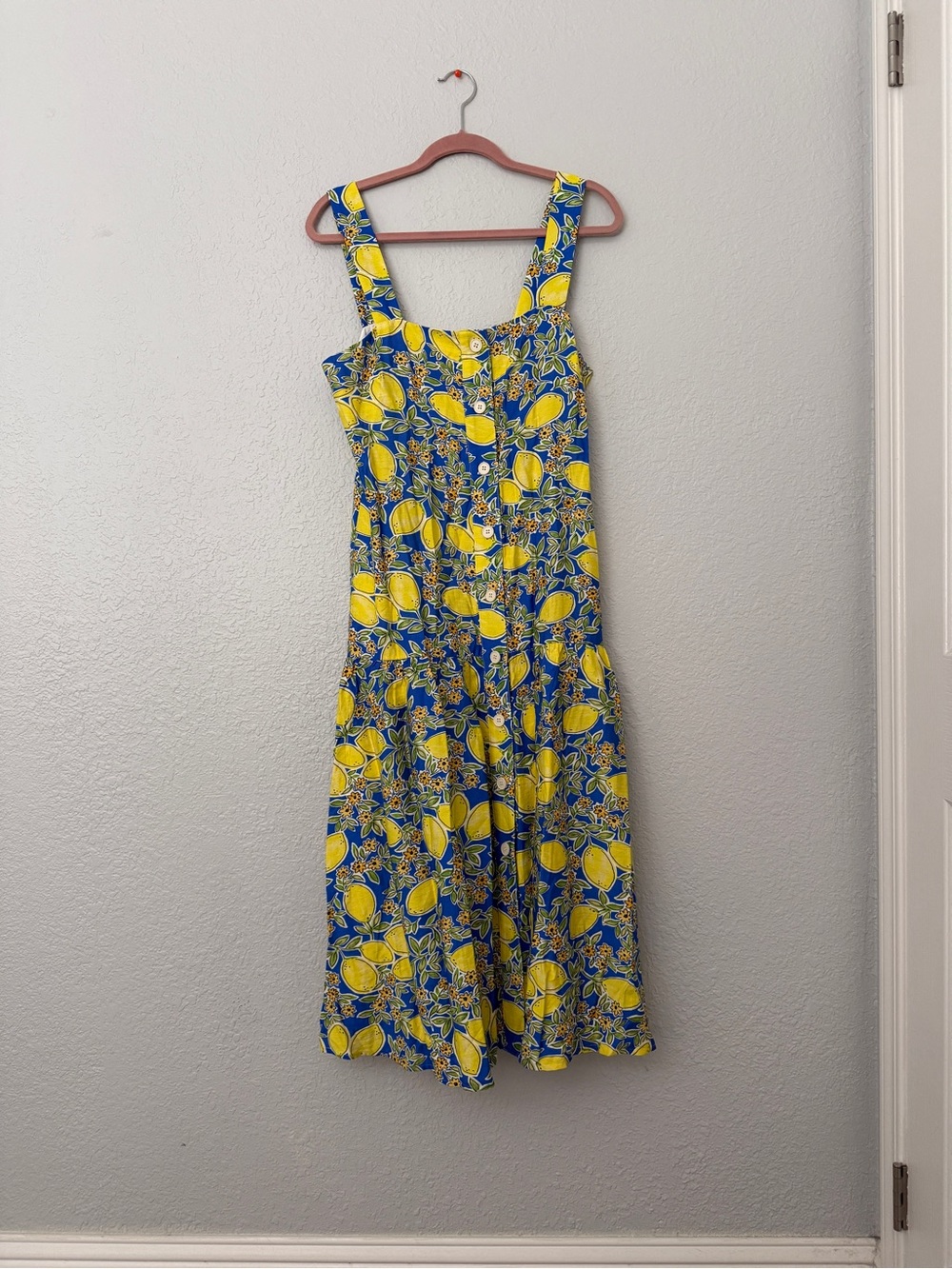 NWOT Yellow & Blue Lemon-Print Midi Dress with Tie Waist - Picture 4 of 16
